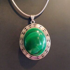 Huge Malachite Cabochon Pendant 925 Sterling Silver Paolo Romeo 16" Snake Chain